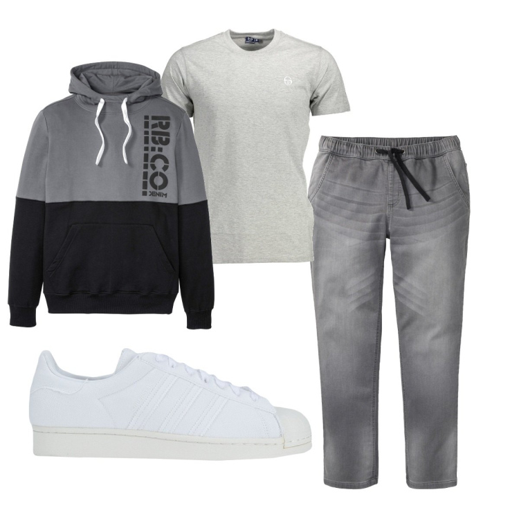 Outfit uomo - Total look #1830529. Stile Casual per Tutti i giorni. Abbinamento con felpe con cappuccio, jeans slim fit, sneakers, t-shirt.