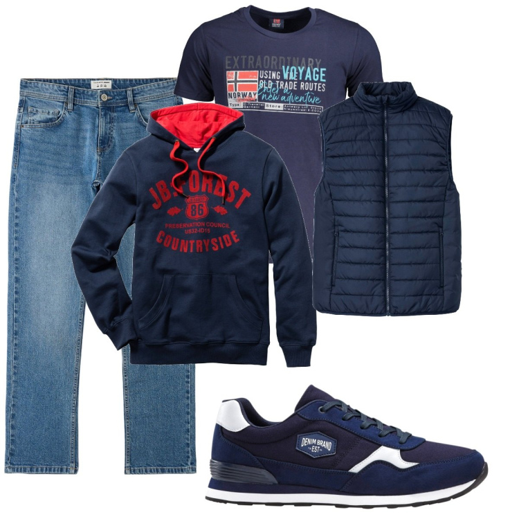 Outfit uomo - Total look #1830534. Stile Casual per Tutti i giorni. Abbinamento con gilet, felpe con cappuccio, sneakers, jeans, t-shirt.