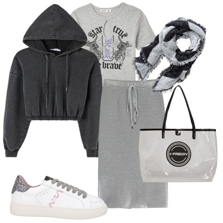 Outfit donna - Scuola di lunedì. Stile Sporty chic per Scuola/Università. Abbinamento con sciarpe, sneakers, felpe con cappuccio, t-shirt, shopping bag, gonne.
