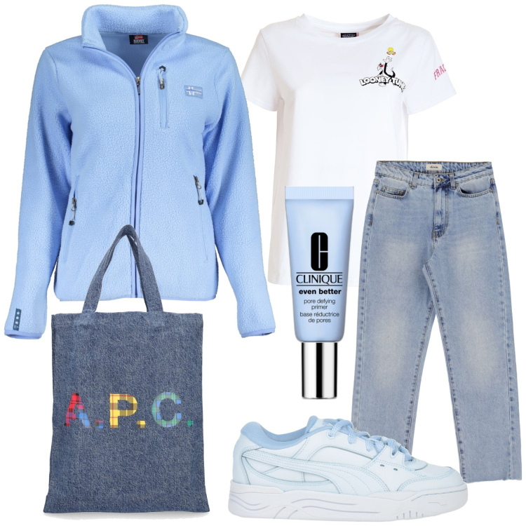 Outfit donna - Total look #1830540. Stile Casual per Tutti i giorni. Abbinamento con sneakers, primer, t-shirt, jeans dritti, felpe, shopping bag.