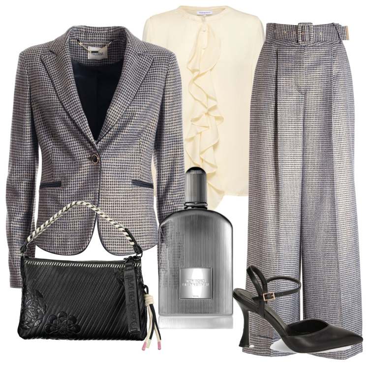 Outfit donna - Appuntamento. Stile Chic per Serata fuori. Abbinamento con profumi, pantaloni a palazzo, blazer, décolleté, camicie, borse a spalla.