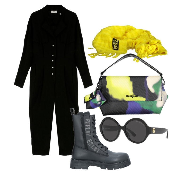 Outfit donna - Ghost outfitter - marzo. Stile Trendy per Tutti i giorni. Abbinamento con anfibi, tute, occhiali da sole, borse a spalla, sciarpe.