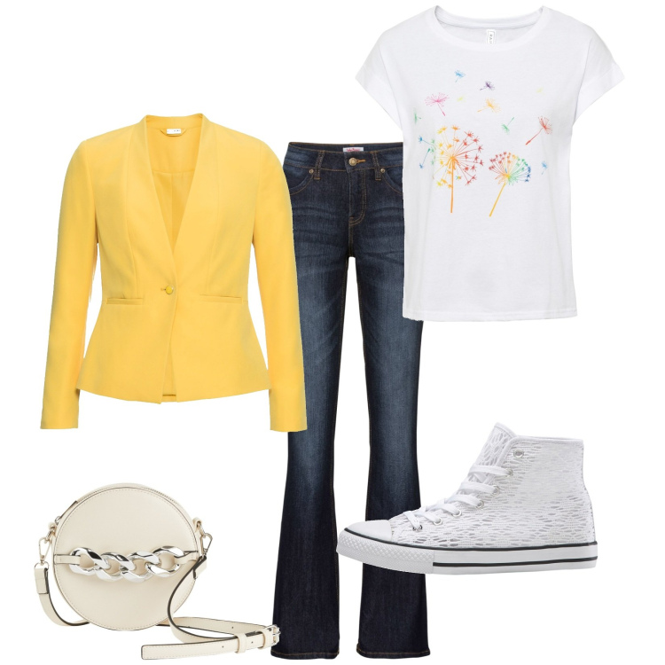 Outfit donna - In giro. Stile Casual per Tutti i giorni. Abbinamento con blazer, jeans bootcut, t-shirt, sneakers, borse a tracolla.