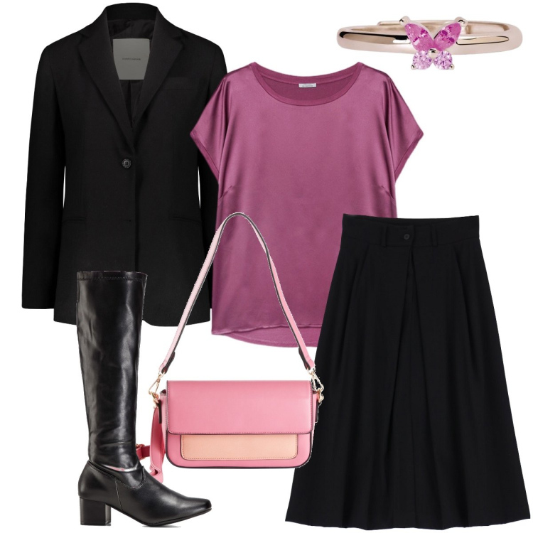 Outfit donna - L’anello con farfalla. Stile Bon Ton per Serata fuori. Abbinamento con stivali, borse a mano, anelli, gonne longuette, bluse, blazer.
