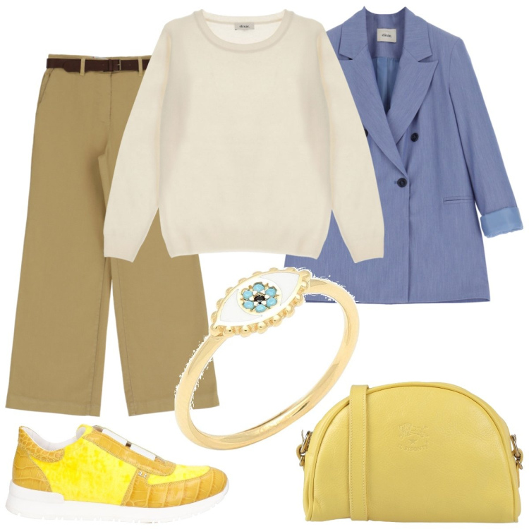 Outfit donna - Abbinamento zen. Stile Trendy per Tutti i giorni. Abbinamento con sneakers, borse a tracolla, anelli, pullovers, blazer, pantaloni.