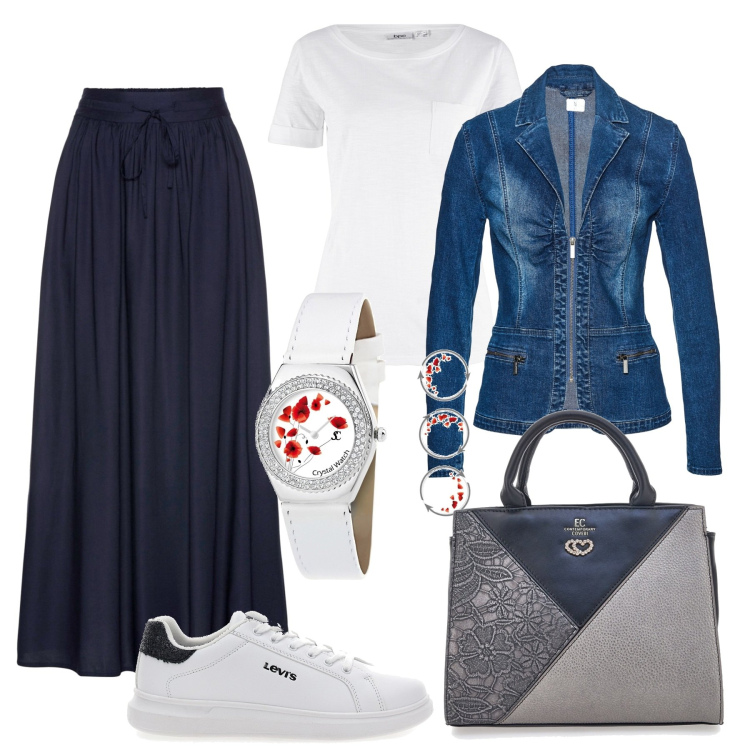 Outfit donna - Casual sobrio. Stile Casual chic per Tutti i giorni. Abbinamento con gonne lunghe, blazer, t-shirt, orologi, borse a mano, sneakers.