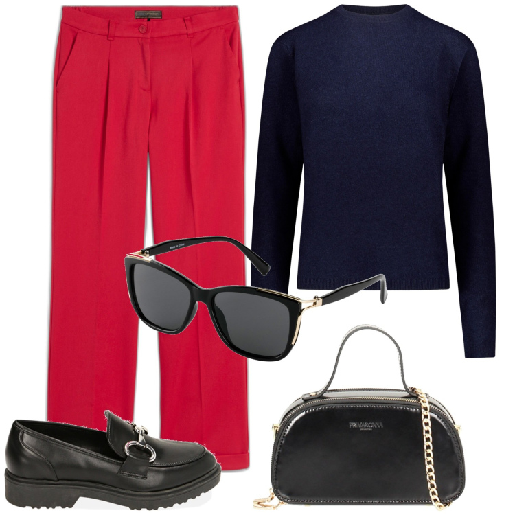 Outfit donna - Pantaloni rossi. Stile Casual per Tutti i giorni. Abbinamento con pantaloni, occhiali da sole, borse a mano, mocassini, maglieria.