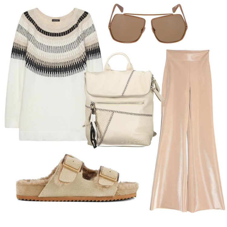 Outfit donna - Comoda ma trendy. Stile 70s per Tutti i giorni. Abbinamento con pantaloni, maglieria, occhiali da sole, ciabatte, zaini.