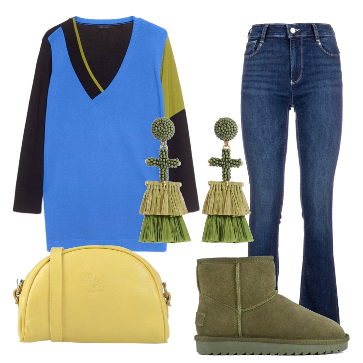Outfit donna - Colori block. Stile Trendy per Tutti i giorni. Abbinamento con orecchini, borse a tracolla, jeans bootcut, maglieria, stivali.