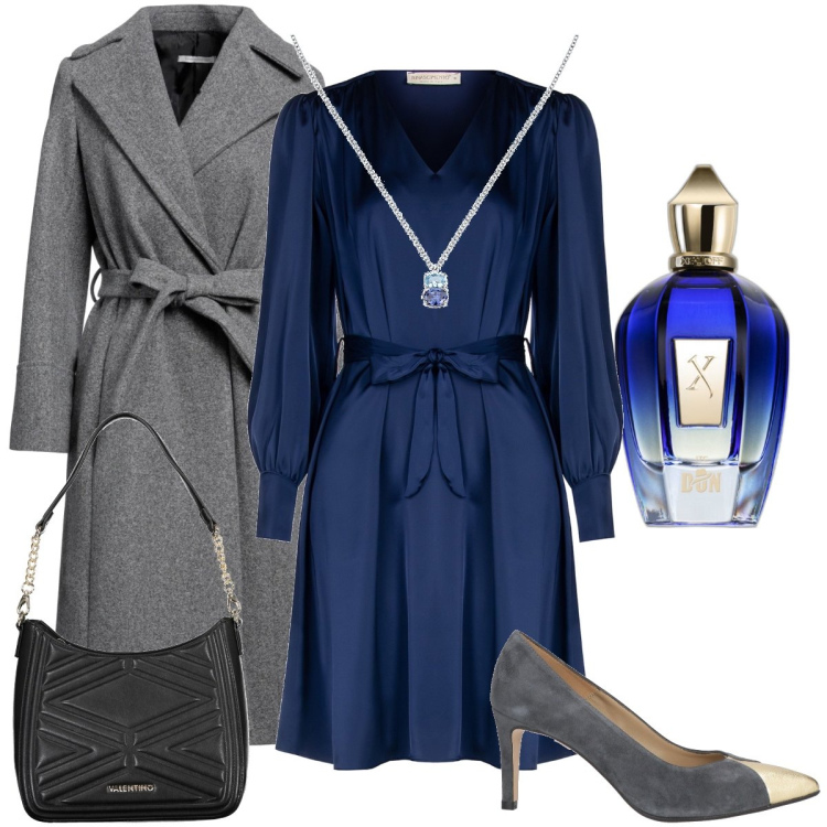 Outfit donna - Una pietra blu. Stile Chic per Cerimonia. Abbinamento con cappotti, décolleté, ciondoli, vestiti midi/longuette, profumi, borse a spalla.