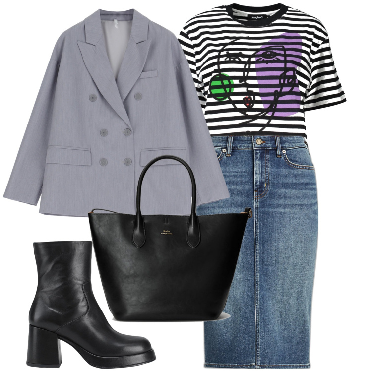 Outfit donna - Primavera. Stile Casual chic per Tutti i giorni. Abbinamento con stivaletti, blazer, gonne, borse tote, t-shirt.