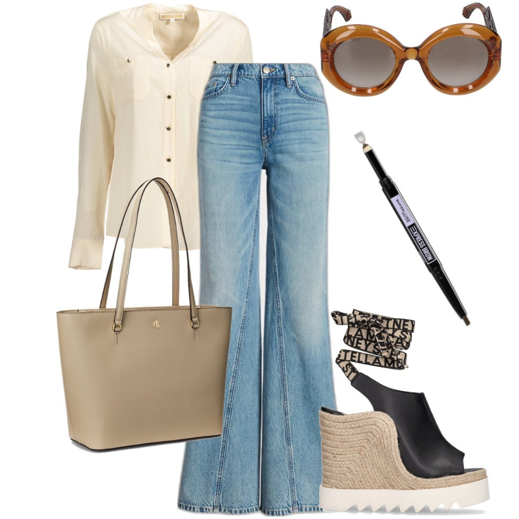 Outfit donna - I bellissimi anni 70. Stile 70s per Tutti i giorni. Abbinamento con eyeliner, borse tote, jeans, zeppe, camicie, occhiali da sole.