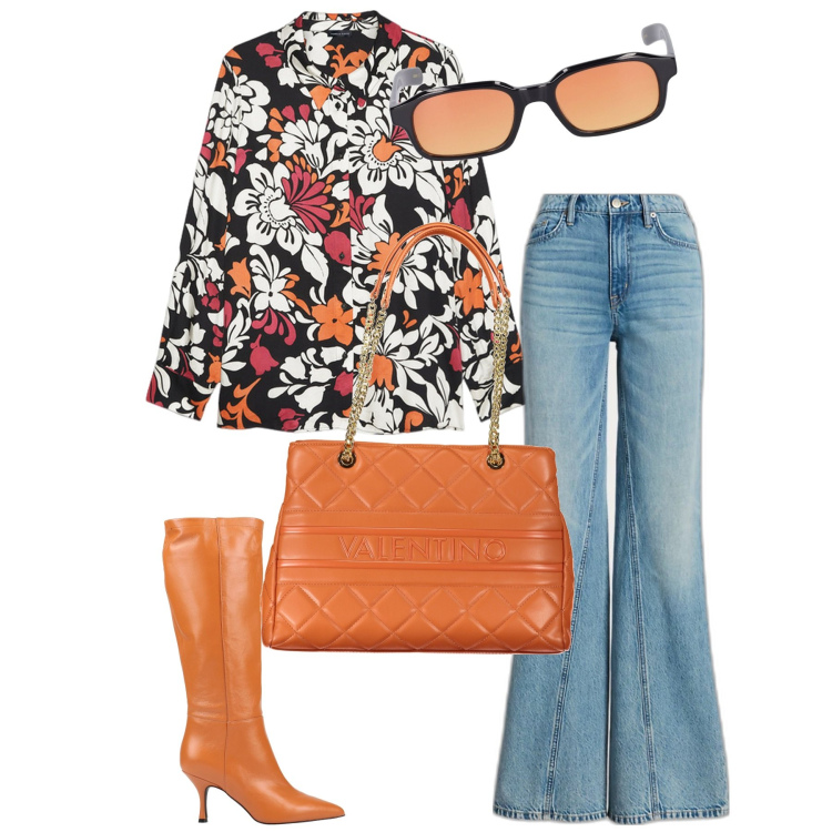 Outfit donna - Primavera. Stile 70s per Tutti i giorni. Abbinamento con stivali, jeans, camicie, borse a spalla, occhiali da sole.