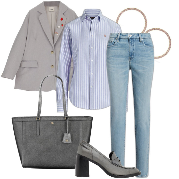 Outfit donna - La camicia a righe. Stile Casual chic per Ufficio. Abbinamento con mocassini, blazer, camicie, jeans skinny, orecchini, borse a spalla.