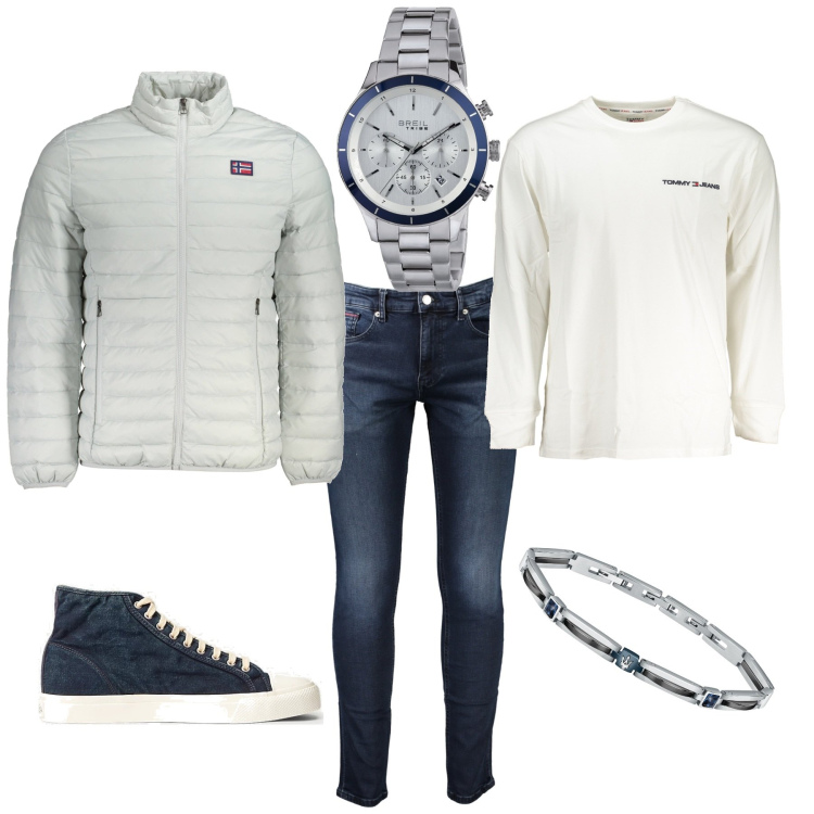 Outfit uomo - Casual tempo libero. Stile Casual per Tutti i giorni. Abbinamento con braccialetti, orologi, sneakers, t-shirt, giacche, jeans.