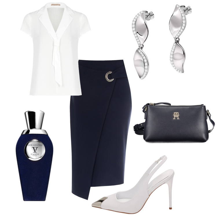 Outfit donna - Metti una sera a cena. Stile Bon Ton per Serata fuori. Abbinamento con orecchini, profumi, gonne longuette, bluse, décolleté, borse a tracolla.