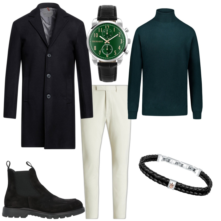 Outfit uomo - Trendy per ufficio o tempo libero. Stile Trendy per Serata speciale. Abbinamento con cappotti, braccialetti, stivali e stivaletti, orologi, pantaloni, maglieria.