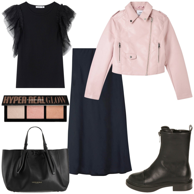 Outfit donna - Trendissimo. Stile Trendy per Tutti i giorni. Abbinamento con borse a mano, blush, t-shirt, gonne lunghe, giacche, stivaletti.