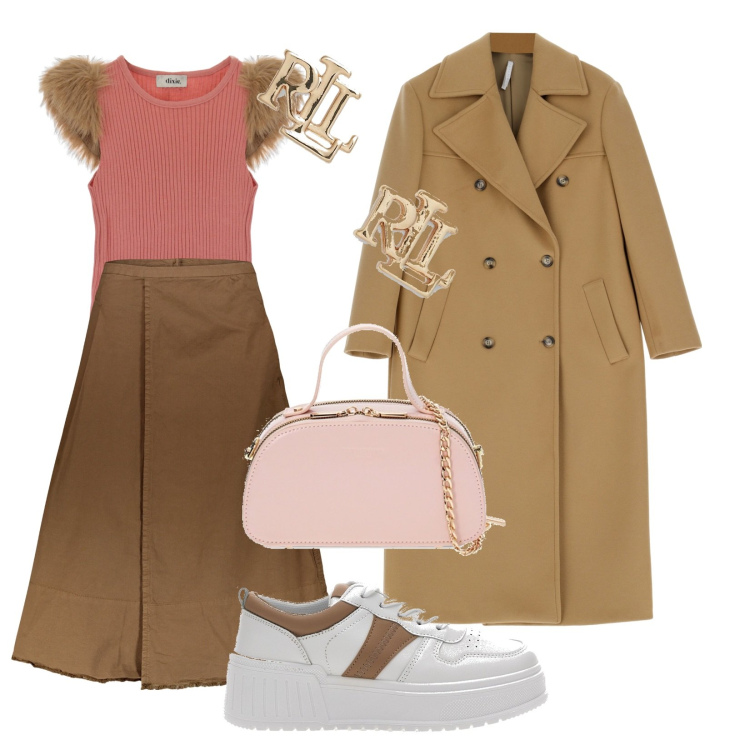 Outfit donna - Total look #1830714. Stile Casual chic Abbinamento con cappotti, canottiere, borse a mano, orecchini, gonne lunghe, sneakers.