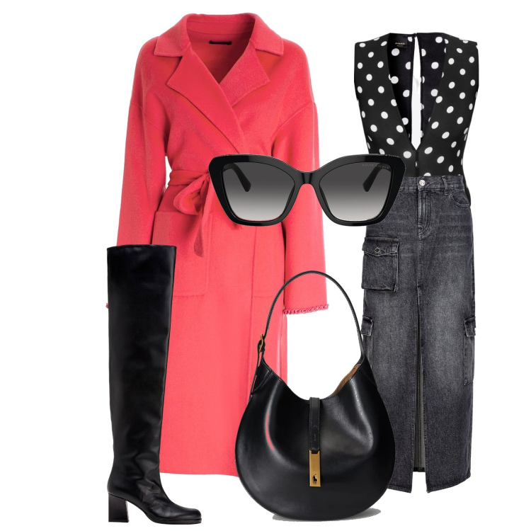 Outfit donna - Aperitivo. Stile Glamour per Serata fuori. Abbinamento con body, stivali sopra il ginocchio, gonne lunghe, cappotti, occhiali da sole, borse a spalla.