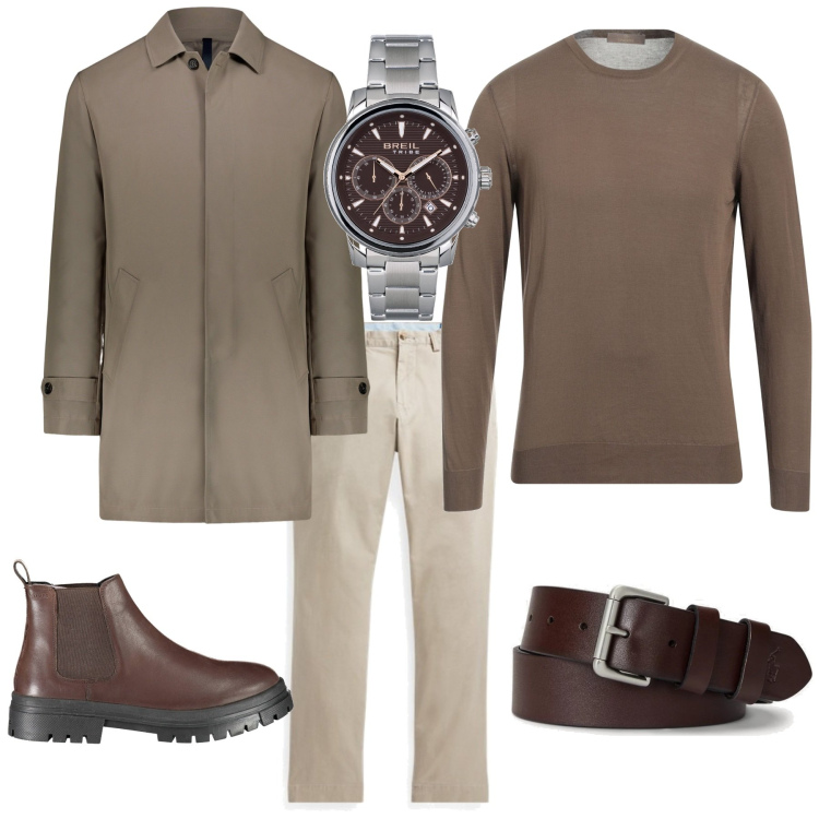 Outfit uomo - Trendy per ufficio tempo libero. Stile Trendy per Ufficio. Abbinamento con pullovers, orologi, cinture, pantaloni, stivali, giacche.