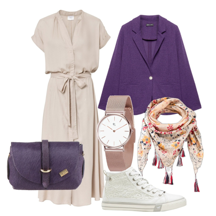 Outfit donna - Ghost outfitter - marzo. Stile Trendy per Tutti i giorni. Abbinamento con vestiti chemisier, foulard, sneakers, borse a mano, orologi, blazer.