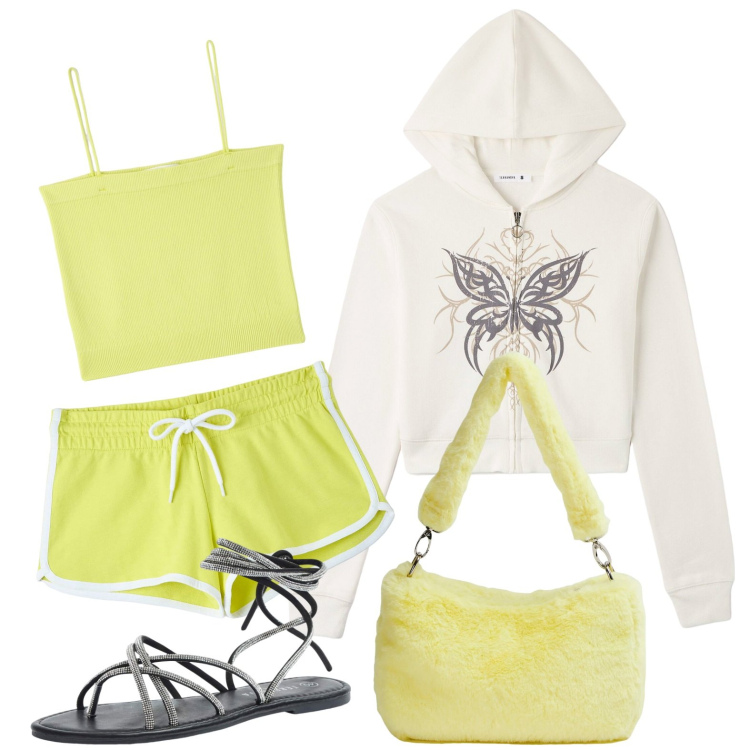 Outfit donna - Noi ragazze. Stile Casual per Tutti i giorni. Abbinamento con canottiere, felpe con cappuccio, borse a spalla, sandali alla schiava, shorts.
