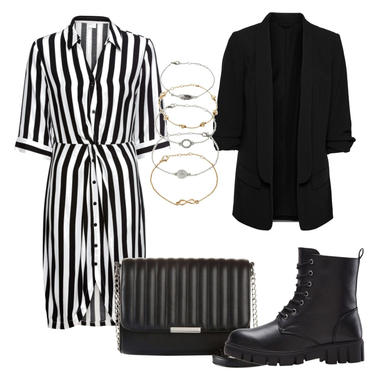 Outfit donna - Righe in tendenza. Stile Trendy per Tutti i giorni. Abbinamento con blazer, stivaletti, braccialetti con ciondoli, vestiti chemisier, borse a tracolla.