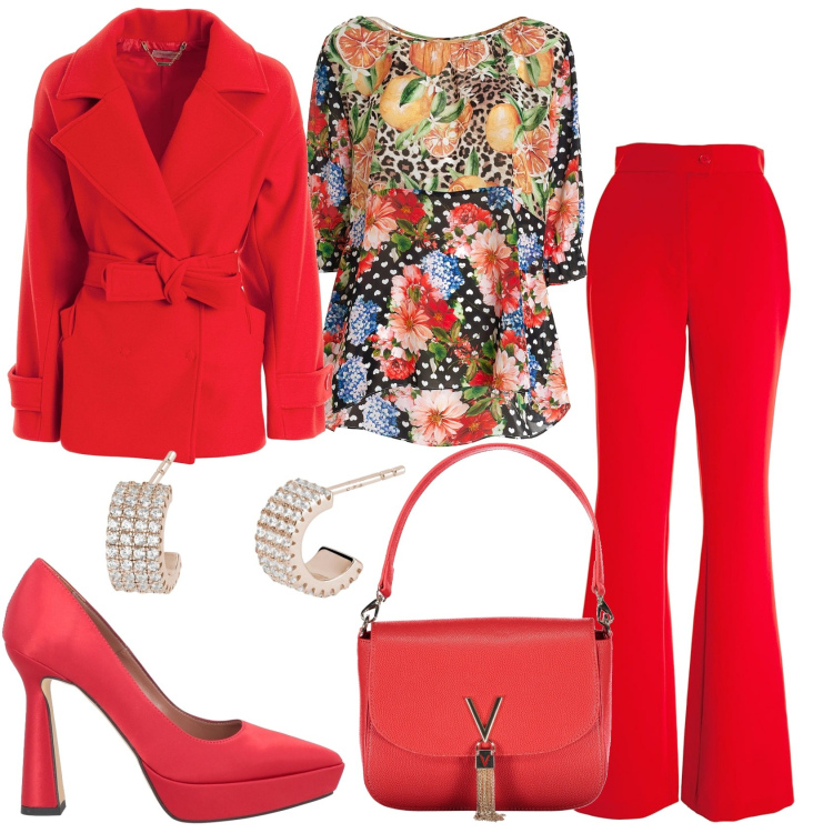 Outfit donna - Il rosso in fiori. Stile Glamour per Serata fuori. Abbinamento con décolleté, orecchini, cappotti, pantaloni, bluse, borse a spalla.