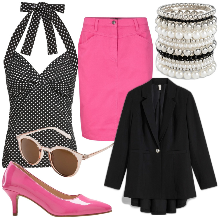 Outfit donna - Poins e rosa come una diva. Stile Bon Ton per Serata fuori. Abbinamento con gonne, occhiali da sole, braccialetti, top, blazer, décolleté.
