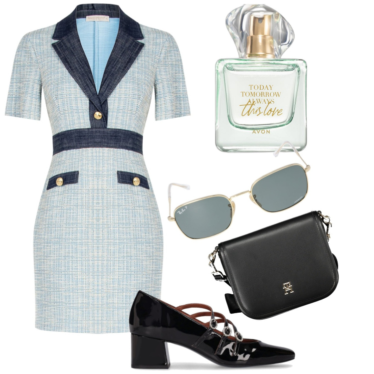 Outfit donna - Effetto bouclé. Stile Bon Ton per Ufficio. Abbinamento con profumi, vestiti a tubino, scarpe col tacco, occhiali da sole, borse a tracolla.