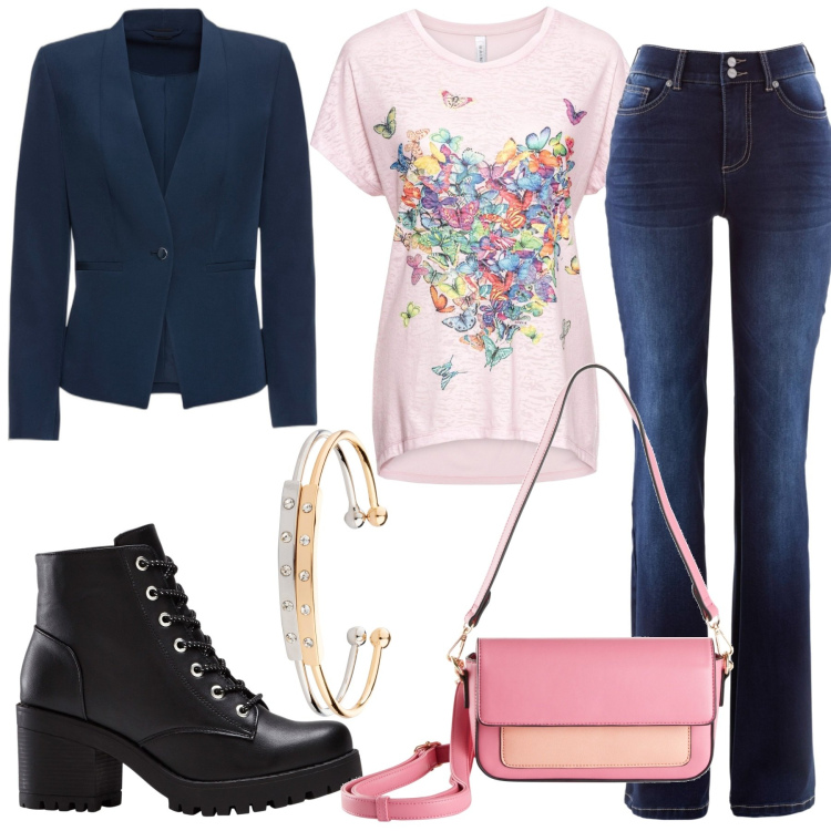 Outfit donna - Blazer e t-shirt. Stile Casual per Tutti i giorni. Abbinamento con jeans bootcut, blazer, maglieria, stivaletti, braccialetti, borse a mano.