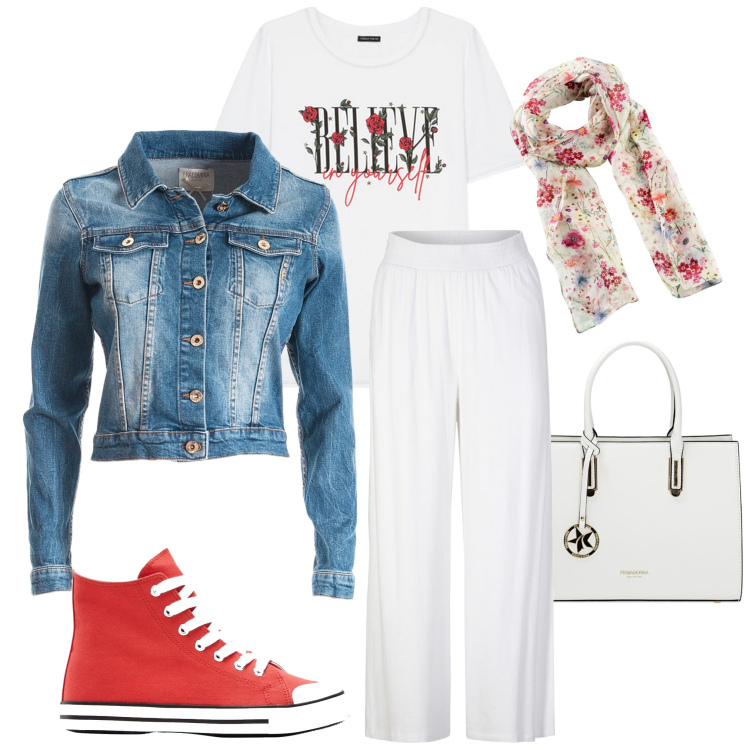 Outfit donna - Scarpe rosse. Stile Casual per Tutti i giorni. Abbinamento con pantaloni, foulard, sneakers alte, blazer, borse a mano, t-shirt.
