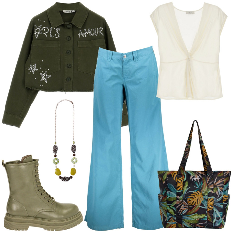 Outfit donna - Seventy grintosa. Stile 70s per Tutti i giorni. Abbinamento con blazer, anfibi, shopping bag, canottiere, pantaloni, collane.