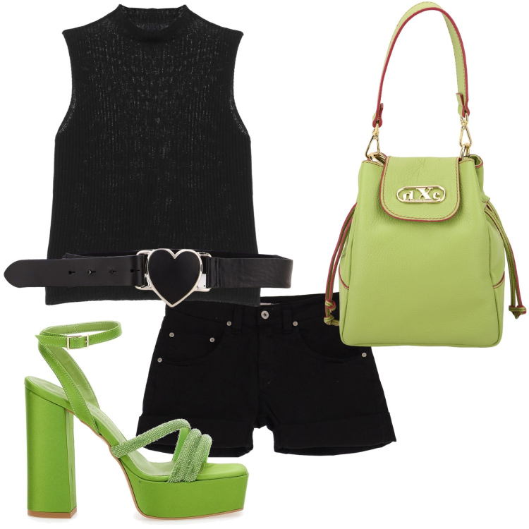 Outfit donna - Lime lover. Stile Sporty chic per Serata fuori. Abbinamento con borse a secchiello, cinture, shorts, top, sandali col tacco.