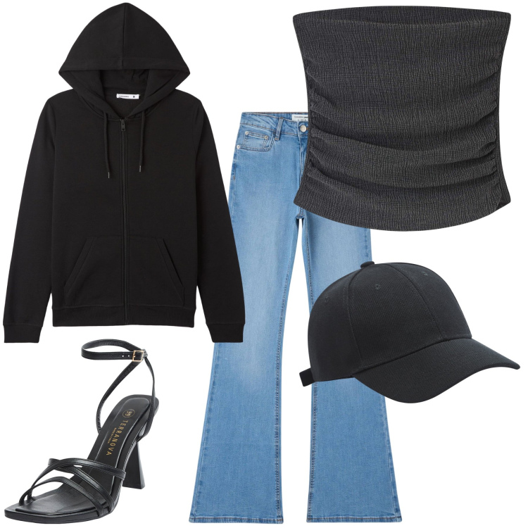 Outfit donna - Jeans a zampa. Stile Casual chic per Tutti i giorni. Abbinamento con top, cappelli, jeans a zampa, felpe con cappuccio, sandali col tacco.