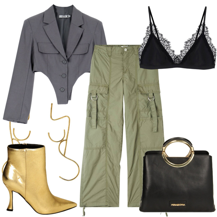 Outfit donna - Fashion addicted. Stile Glamour per Serata fuori. look ideale per Petite. Abbinamento con pantaloni cargo, blazer, top, stivaletti, borse a mano, orecchini.