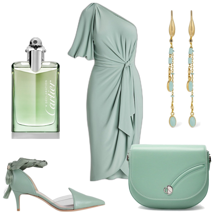 Outfit donna - Verde acqua elegante. Stile Glamour per Cerimonia. Abbinamento con décolleté, profumi, vestiti asimmetrici, orecchini, borse a tracolla.