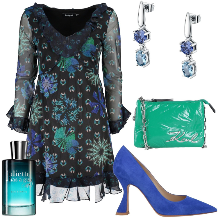 Outfit donna - Total look #1830813. Stile Trendy per Serata fuori. Abbinamento con décolleté, borse a mano, orecchini, profumi, vestiti corti.