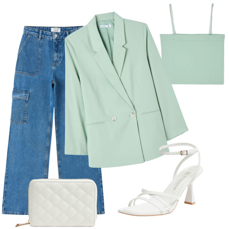 Outfit donna - Total look #1830816. Stile Sporty chic per Tutti i giorni. Abbinamento con canottiere, blazer, portafogli, sandali col tacco, jeans.