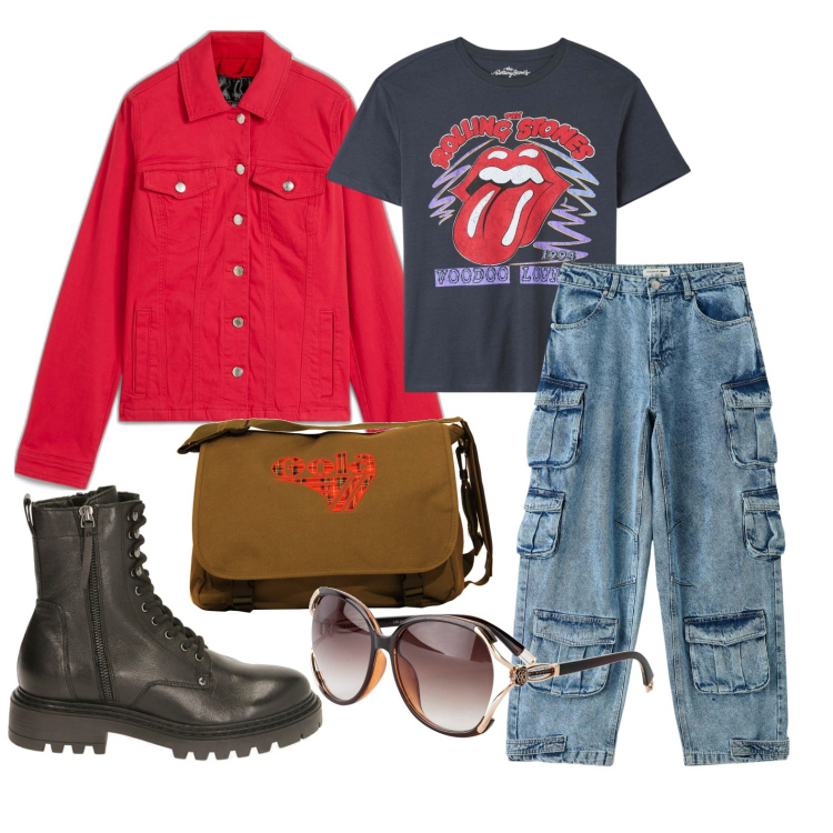 Outfit donna - Ghost outfitter - marzo. Stile Urban per Tutti i giorni. Abbinamento con blazer, occhiali da sole, jeans, t-shirt, anfibi, borse a spalla.