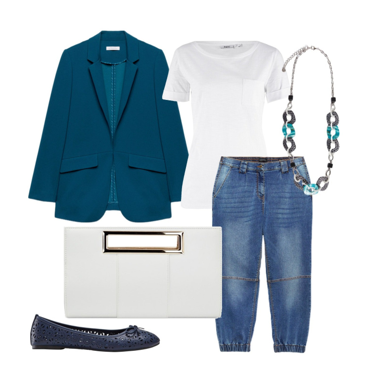 Outfit donna - Ghost outfitter - marzo. Stile Casual chic per Tutti i giorni. Abbinamento con t-shirt, ballerine, pochette, blazer, jeans, collane.