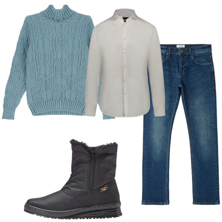 Outfit uomo - Total look #1830857. Stile Casual per Tutti i giorni. Abbinamento con stivali e stivaletti, jeans dritti, maglieria, camicie.