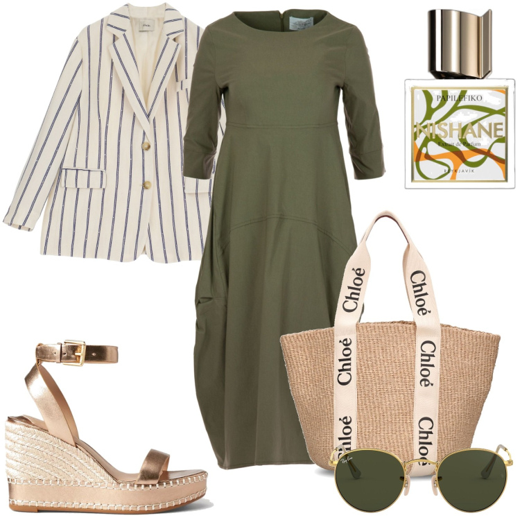 Outfit donna - Abito a clessidra. Stile Casual per Ufficio. Abbinamento con profumi, blazer, espadrillas, vestiti, shopping bag, occhiali da sole.