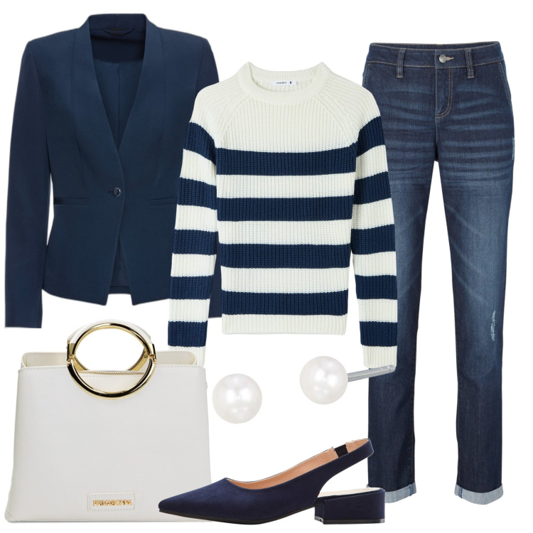 Outfit donna - Mariniere. Stile Casual chic per Tutti i giorni. Abbinamento con jeans boyfriend, décolleté, blazer, maglieria, orecchini, borse a mano.