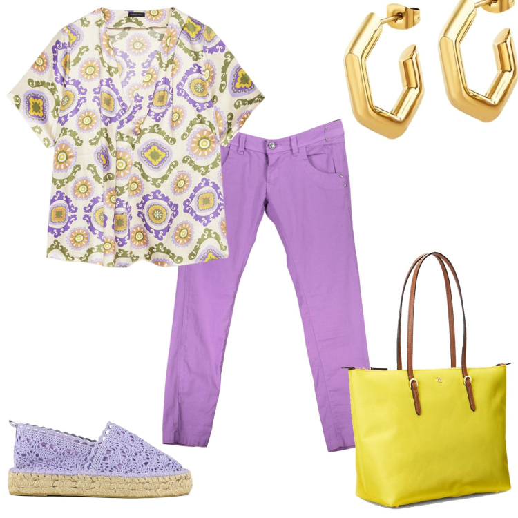 Outfit donna - Mi vesto cosi va bene. Stile Casual chic per Tutti i giorni. Abbinamento con orecchini, borse tote, espadrillas, bluse, pantaloni.