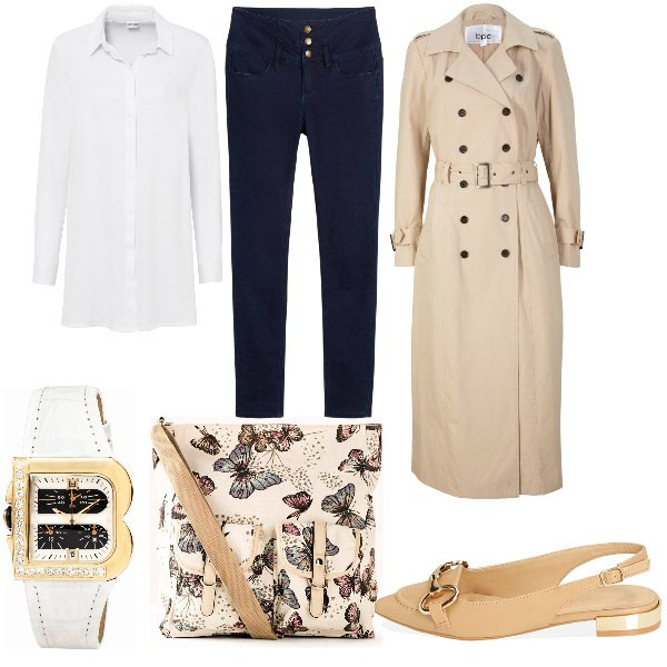 Outfit donna - Total look #1830905. Stile Basic per Ufficio. Abbinamento con orologi, borse a tracolla, trench, camicie, jeans skinny, ballerine.