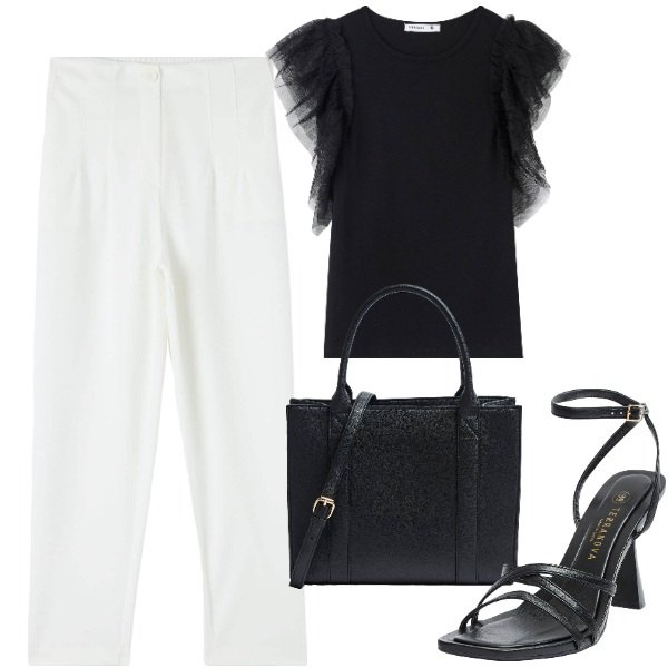 Outfit donna - Terranova b&w. Stile Basic per Tutti i giorni. Abbinamento con t-shirt, pantaloni chino, sandali col tacco, shopping bag.