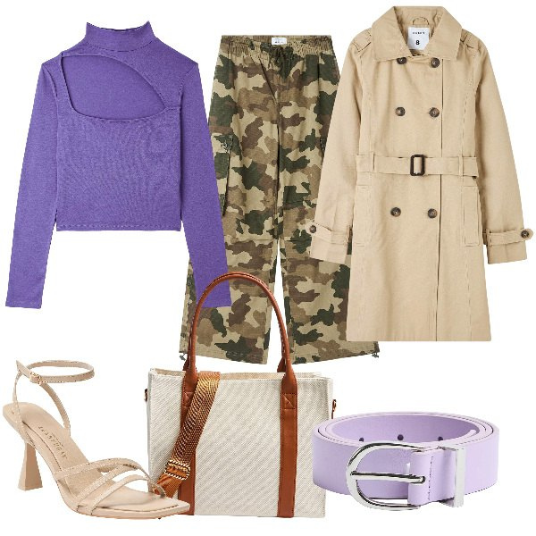 Outfit donna - Total look #1830914. Stile Trendy per Serata fuori. Abbinamento con trench, sandali col tacco, t-shirt, pantaloni cargo, shopping bag, cinture.
