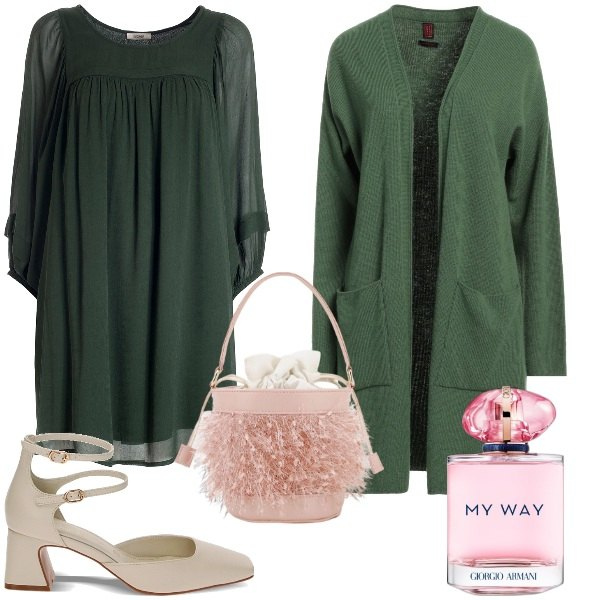 Outfit donna - Giornata in ufficio. Stile Romantica per Ufficio. Abbinamento con cardigans, profumi, vestiti, décolleté, borse a secchiello.